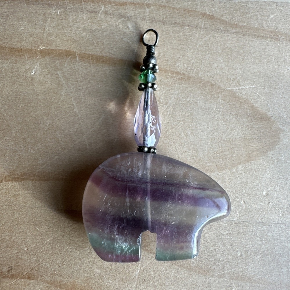 Vintage Fetish Bear Charm Pendant 2 Inch Southwestern Purple Green Fluorite